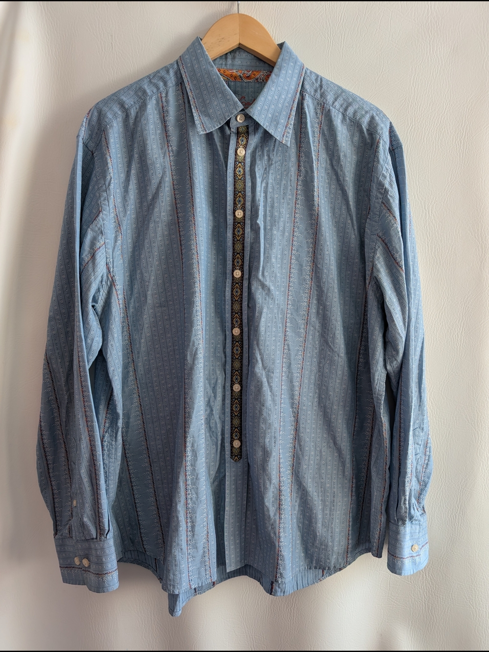 Robert Graham Light Blue Striped Button-Down Shirt with Decorative Placket - XXL